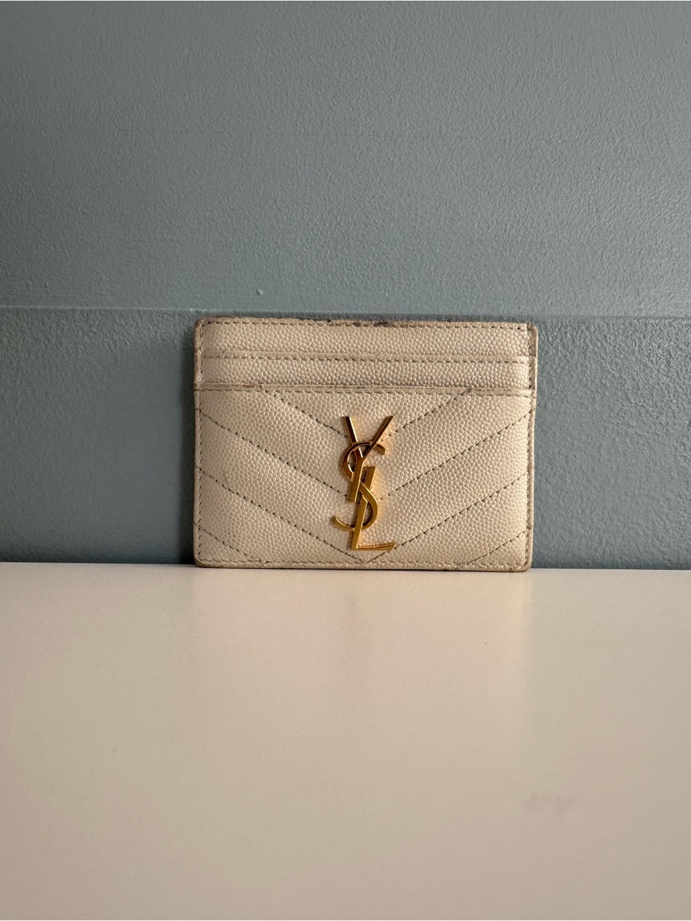 Saint Laurent Cream Card Case with Gold YSL Emblem